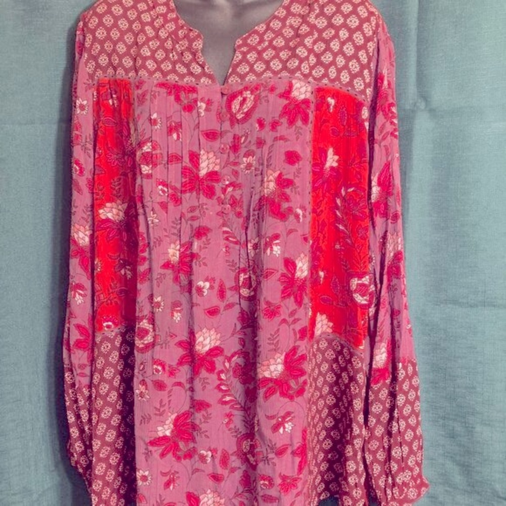 COLDWATER CREEK Women's Boho Tunic Top Long Sleeve Mixed Red Purple Color Sz XL